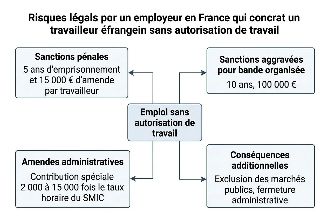 Diagramme montrant les risques légaux pour un employeur en France lorsque l’on embauche un travailleur étranger sans autorisation de travail. - Emploi sans autorisation de travail au centre - Sanctions pénales, sanctions aggravées pour bande organisée, amendes et emprisonnement - Amendes administratives et contributions fiscales liées au SMIC - Conséquences additionnelles: exclusion des marchés publics et fermeture administrative