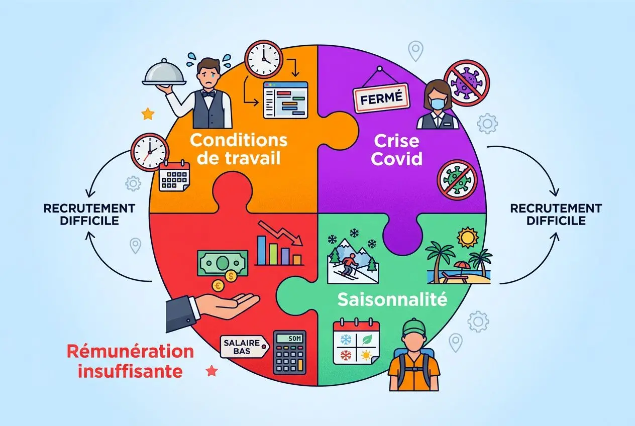 Diagramme rond illustrant les causes du recrutement difficile en hôtellerie-restauration (crise Covid, saisonnalité, conditions de travail, rémunération insuffisante).