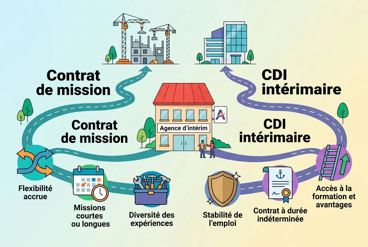 Différence entre intérim et CDI illustrée: agence d’intérim, contrats court et long, stabilité, missions variées et avantages. diff entre intérim et cdi.