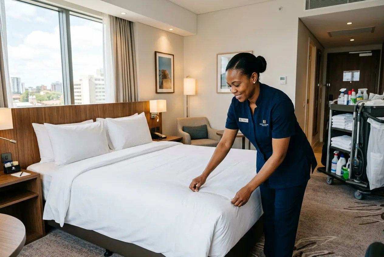 Femme de chambre en hôtel ajustant le drap d’un lit dans une chambre d’hôtel moderne.