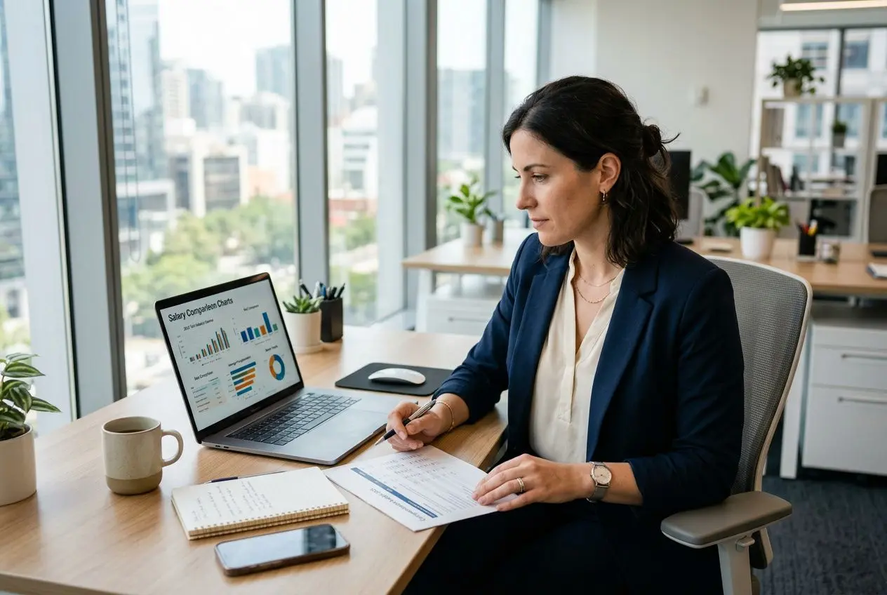 Femme en chemisier et blazer travaille à son bureau, consultante sur ordinateur et notes, dans un espace lumineux avec vue urbaine. agence d'intérim qui paye le mieux.