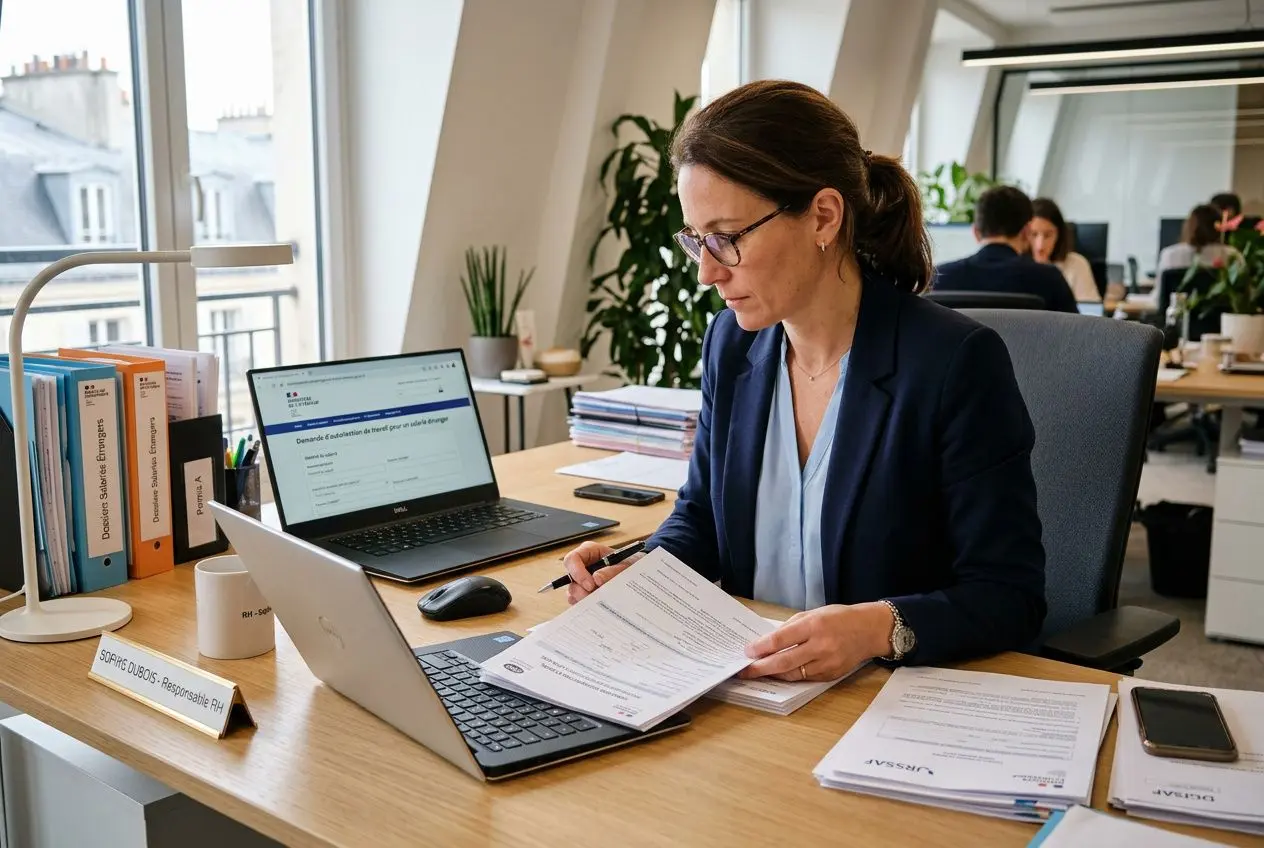 Une femme en costume travaille à son bureau, consulte des documents et utilise deux ordinateurs dans un open space.