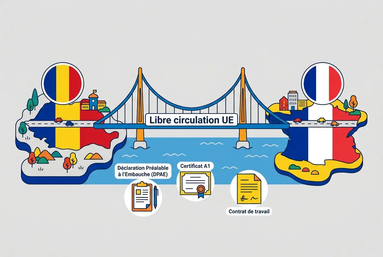 Illustration représentant les échanges franco-européens avec un pont, drapeaux France et UE, et des documents sur l’embauche d’un salarié étranger.