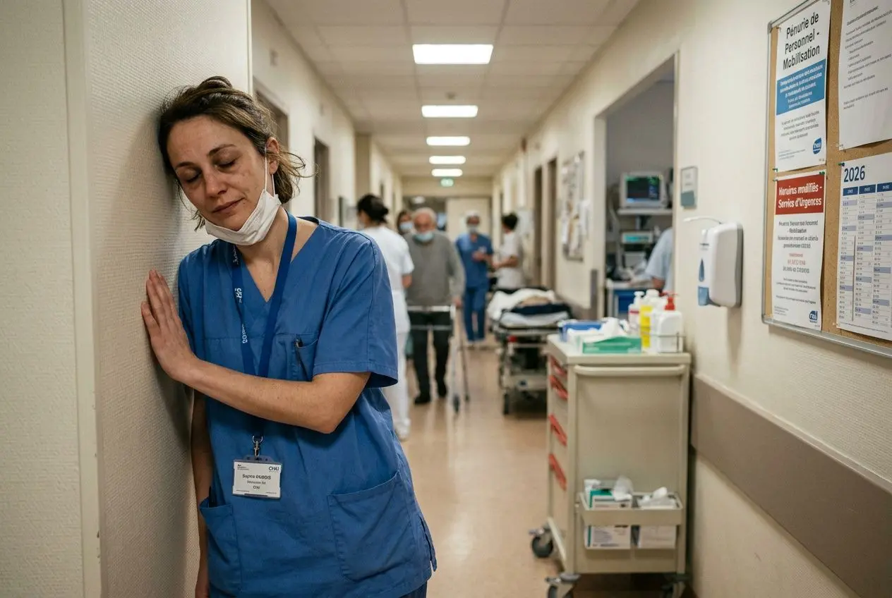 Infirmière épuisée dans un couloir hospitalier, portant masque abaissé et badge, près d’un mur. Affiches et chariot de soins en arrière-plan. recrutement urgent infirmiers aide soignants.