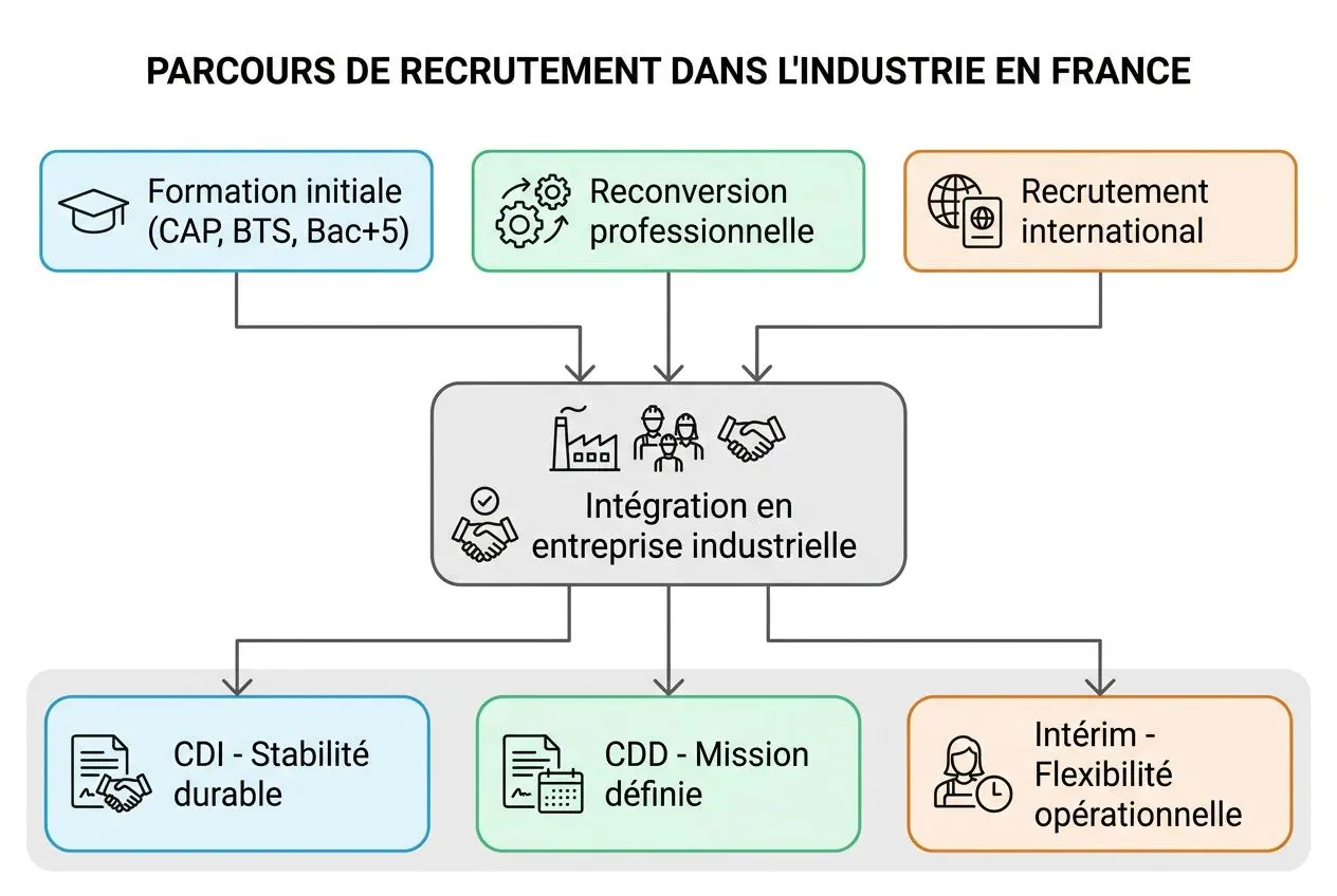 Parcours de recrutement dans l'industrie en France : formation initiale, reconversion et recrutement international vers l’intégration en entreprise industrielle avec CDI, CDD ou intérim. Produit: image d’un schéma.