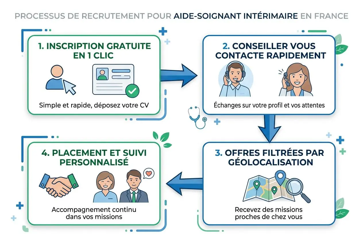 Processus de recrutement pour aide-soignant intérimaire en France : inscription gratuite, contact rapide, offres filtrées par géolocalisation, placement personnalisé. Recrutement urgent infirmiers aide soignants.