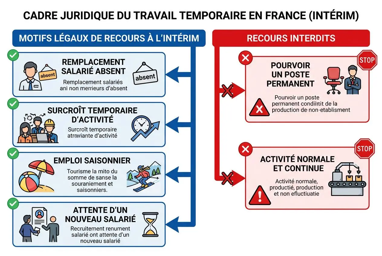Schéma sur le cadre juridique du travail temporaire en France (Intérim) montrant les motifs légaux de recours à l’intérim et les recours interdits, avec des icônes et flèches décrivant les situations: remplacement, surcroît temporaire d’activité, emploi saisonnier, attente d’un salarié, puis risques et limites (pourvoir un poste permanent, activité normale et continue). Inclut le titre « comment fonctionnent les contrats en intérim ».