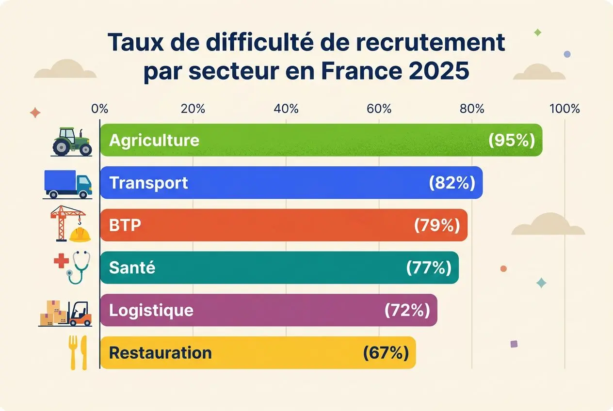 Taux de difficulté de recrutement par secteur en France 2025: Agriculture (95%), Transport (82%), BTP (79%), Santé (77%), Logistique (72%), Restauration (67%). pénurie de main d'œuvre en france.