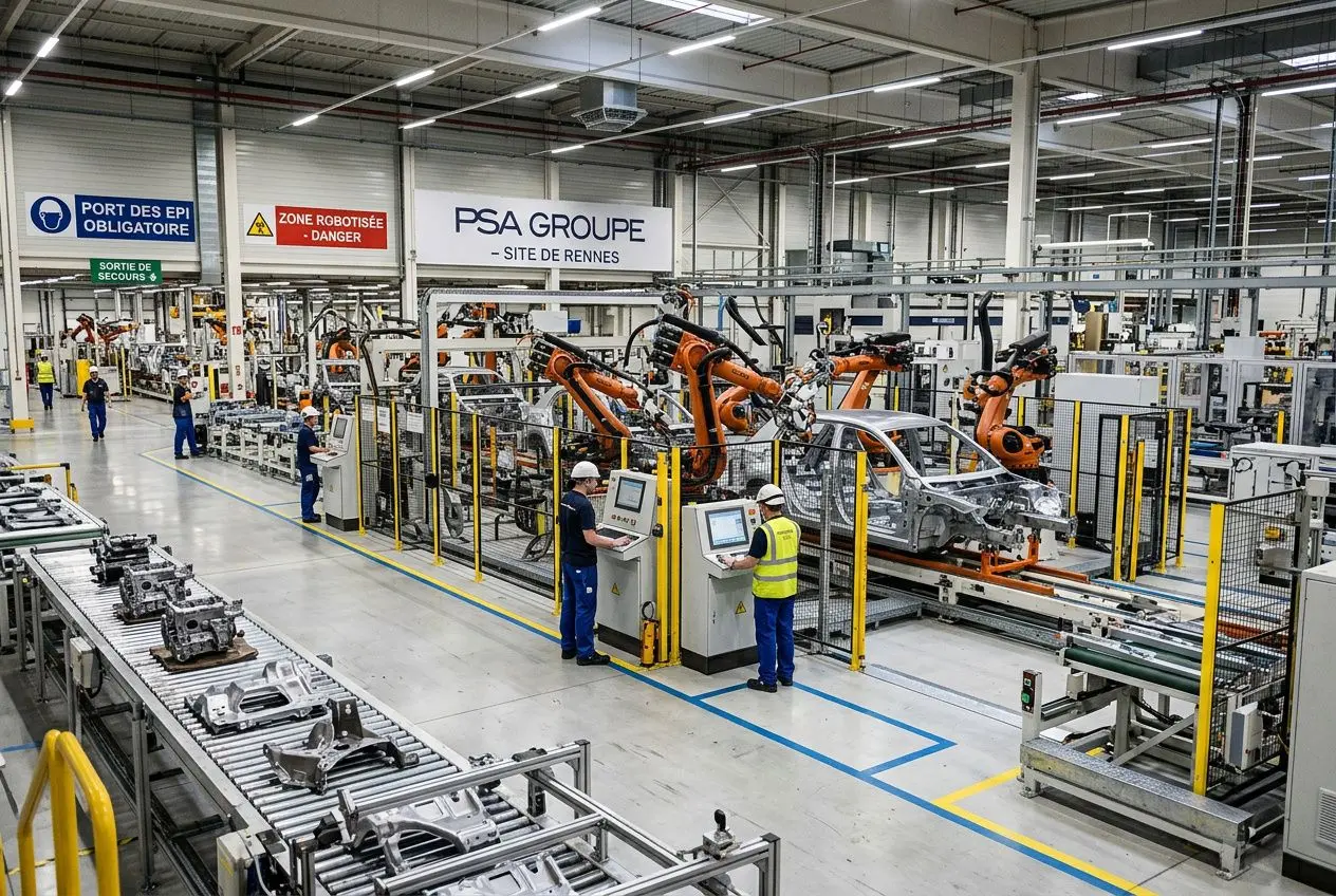Usine de manufacture moderne avec robots orange et opérateurs en sécurité, ligne de production automatisée dans le secteur industriel. recrutement industrie manufacture france.