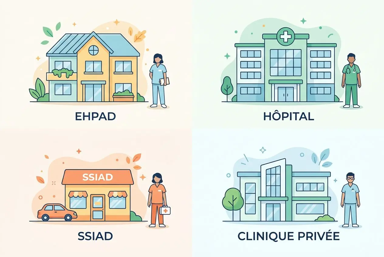 Visuel en quatre volets: Ehpad, Hôpital, SSIAD et Clinique privée, chacun avec un professionnel de santé à proximité de l’établissement. Alt text intégré: recrutement urgent infirmiers aide soignants.