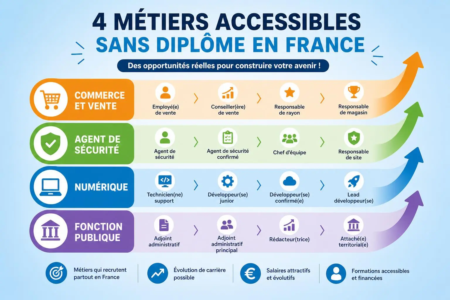 4 métiers accessibles sans diplôme dans le commerce, la sécurité, le numérique et le secteur public, avec parcours professionnels proposés. Métiers qui recrutent sans diplôme: commerce et vente, agent de sécurité, numérique, fonction publique.