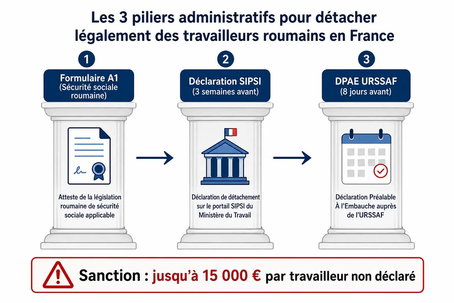 Affiche illustrant les 3 piliers administratifs pour détacher des ouvriers roumains en France, avec avertissement de sanction jusqu’à 15 000 € par travailleur non déclaré.
