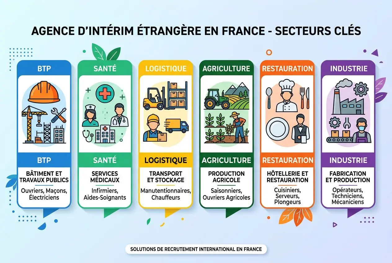 Affiche illustrative des secteurs clés d’une agence intérim étrangère en France: BTP, Santé, Logistique, Agriculture, Restauration et Industrie avec métiers et travailleurs.