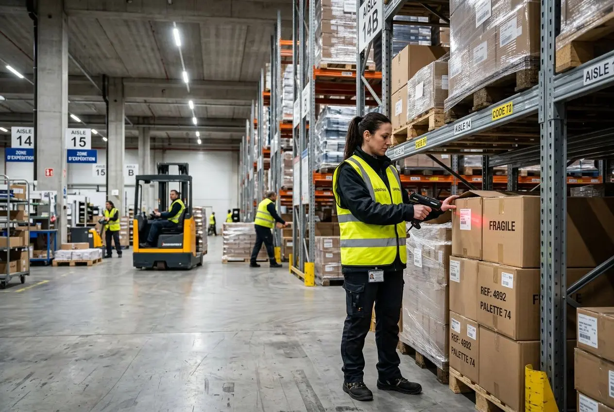 Agent logistique en entrepôt effectuant le contrôle des colis sur des rayonnages, avec chariot élévateur et zones d’expédition visibles, dans le cadre d’un intérim logistique salaire.