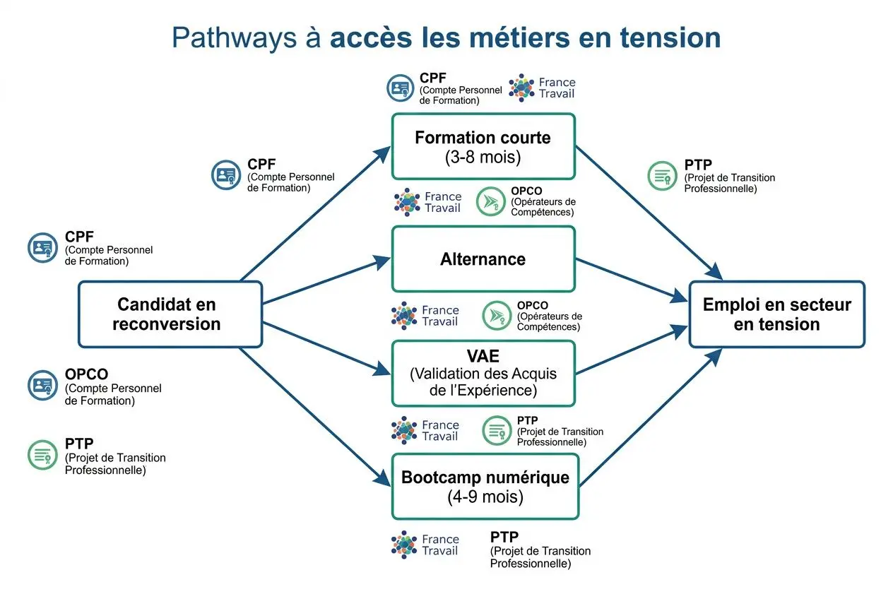 Cheminement "accès les métiers en tension" montrant candidat en reconversion menant vers formations courtes, alternance, VAE et bootcamp numérique, jusqu’à l’emploi en secteur en tension (Île-de-France). Inclut mentions CPF, OPCO, France Travail, PTP et transitions professionnelles. Traitement aligné sur métier en tension 2026 île-de-france.
