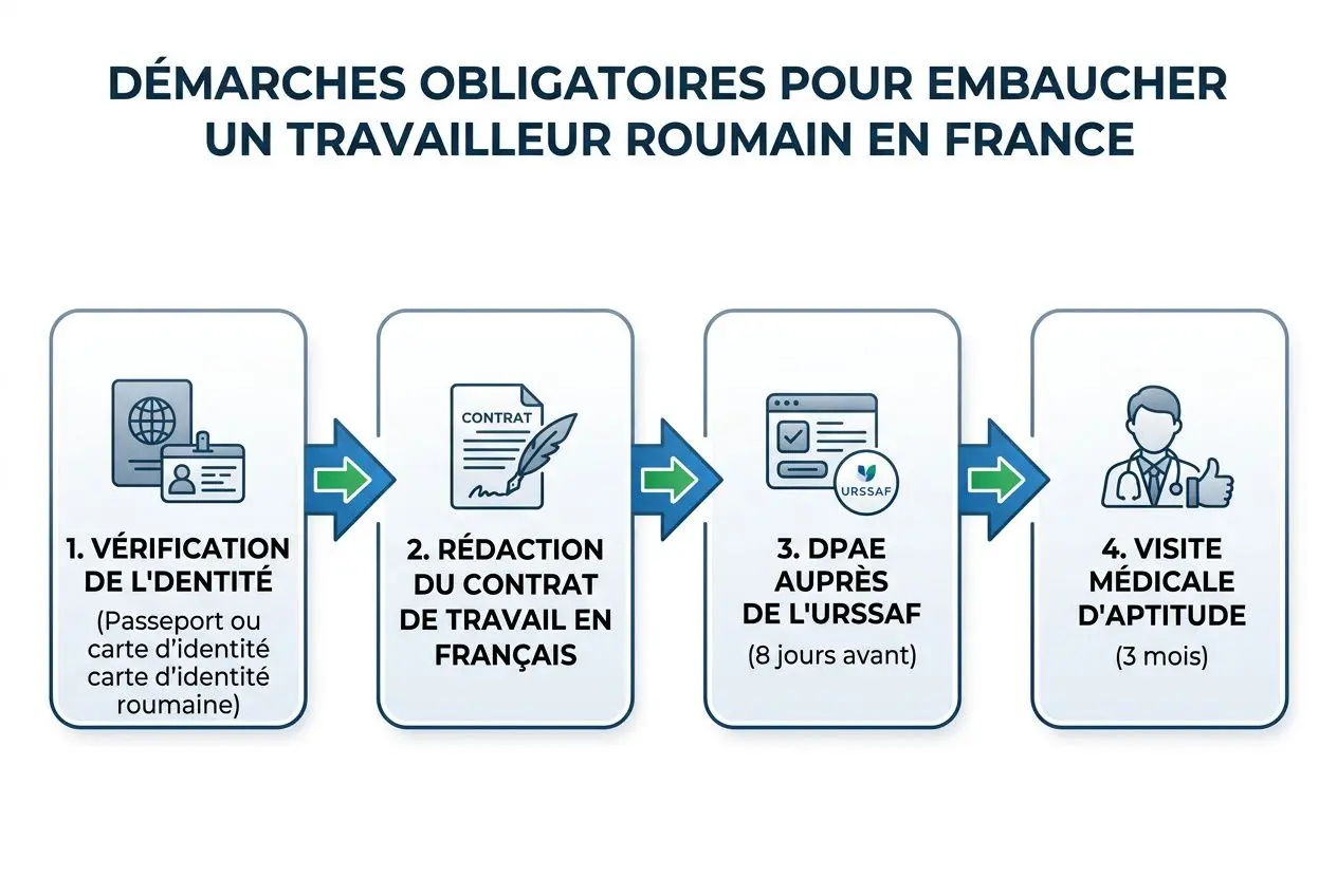 DÉMARCHES OBLIGATOIRES POUR EMPLEACHER UN TRAVAILLEUR ROUMAIN EN FRANCE, vérification d’identité, rédaction du contrat en français, DPAE auprès de l’URSSAF et visite médicale d’aptitude.