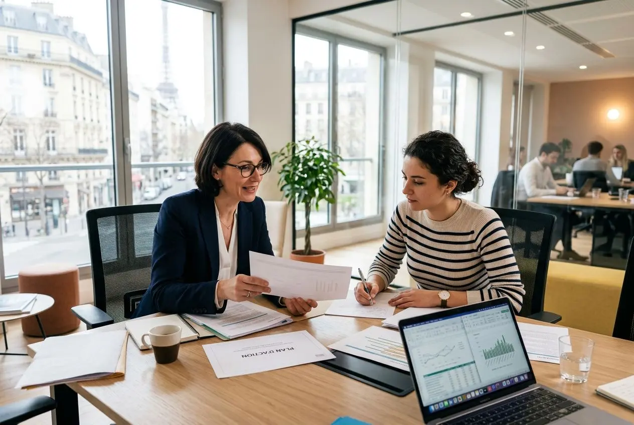 Deux professionnelles discutent autour d’une table de bureau avec documents et laptop, en intérieur lumineux d’un espace de travail moderne. Pourquoi choisir interim roumain est intégré naturellement dans la description.