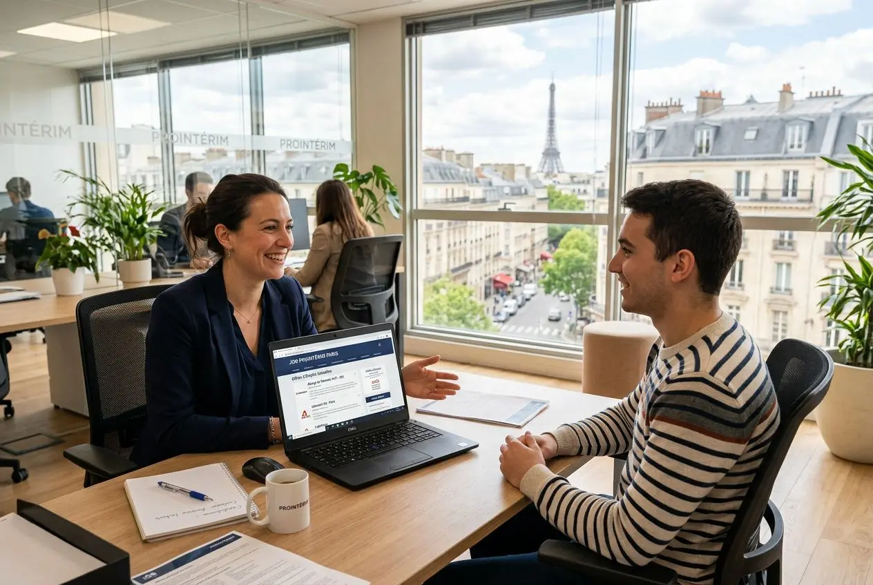 Deux professionnels en entretien dans un bureau lumineux à Paris, échange convivial autour d’un ordinateur portable, avec vue sur la tour Eiffel et des plantes d’intérieur. agence d'intérim île-de-france montre son service.