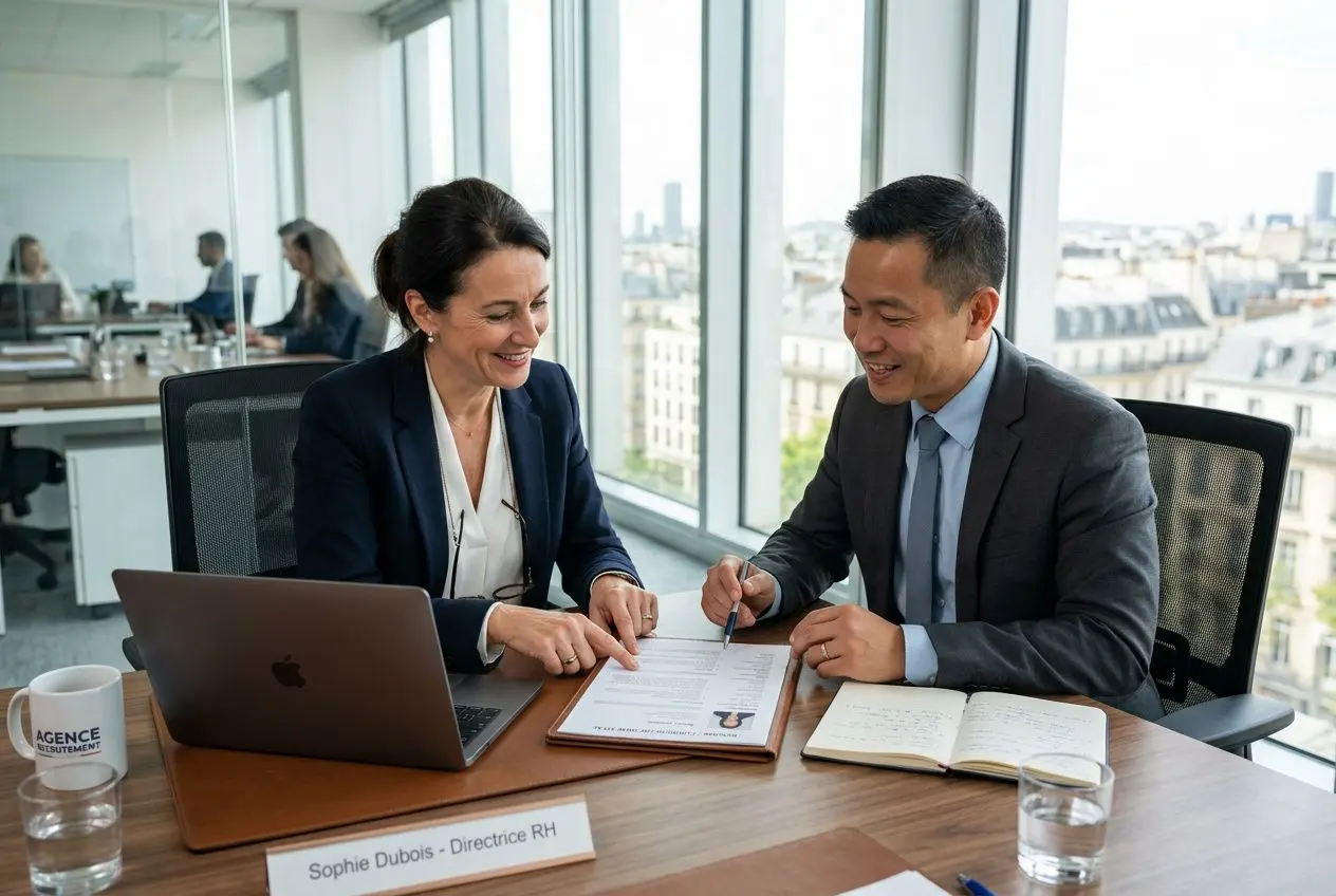 Deux professionnels en entretien d’affaires souriants, une femme et un homme, signent un document sur une table avec un ordinateur portable; cadre d’un bureau lumineux. agence interim etrangere en france