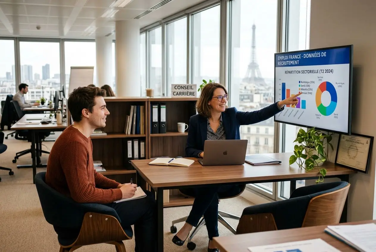 Deux professionnels en réunion dans un bureau moderne, l’un présente des données sur un écran affichant des graphiques, autour d’un poste de travail avec ordinateur et plantes. Secteurs qui recrutent 2026 évoqué.