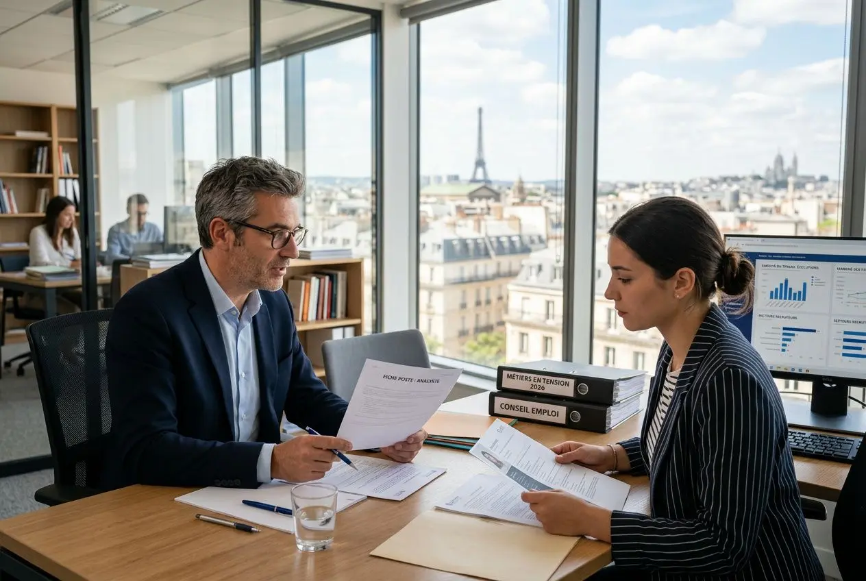 Deux professionnels en réunion de travail dans un bureau lumineux, échange de documents et dossiers sur les métiers en tension 2026 Île-de-France.