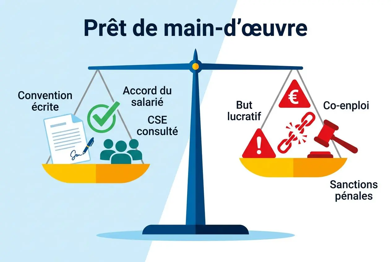 Équilibre illustré sur la « mise à disposition de personnel entre sociétés du même groupe » avec une balance montrant: à gauche, convention écrite et accord du salarié validé par CSE consulté; à droite, risques et sanctions, co-emploi et nulles.