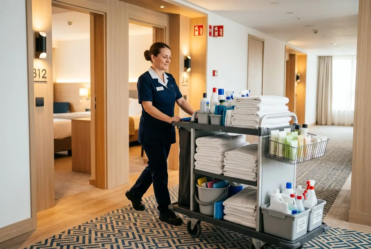 Femme de chambre en service, poussant un chariot de ménage bien approvisionné dans le couloir d’un hôtel.