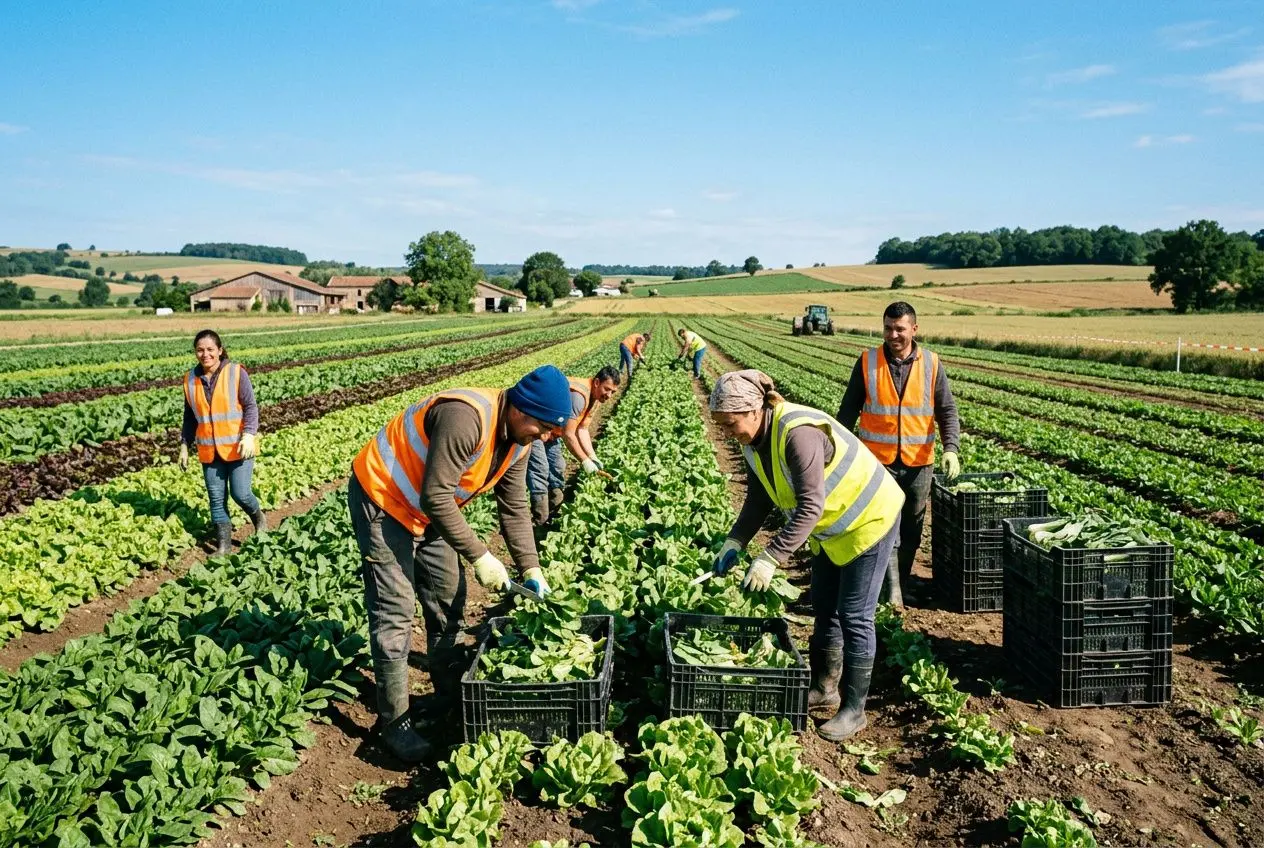 Groupe de travailleurs agricoles en gilet réfléchissant récoltant des salades dans une ferme, champs verdoyants et vastes sous ciel bleu. interim agriculture roumains france belgique