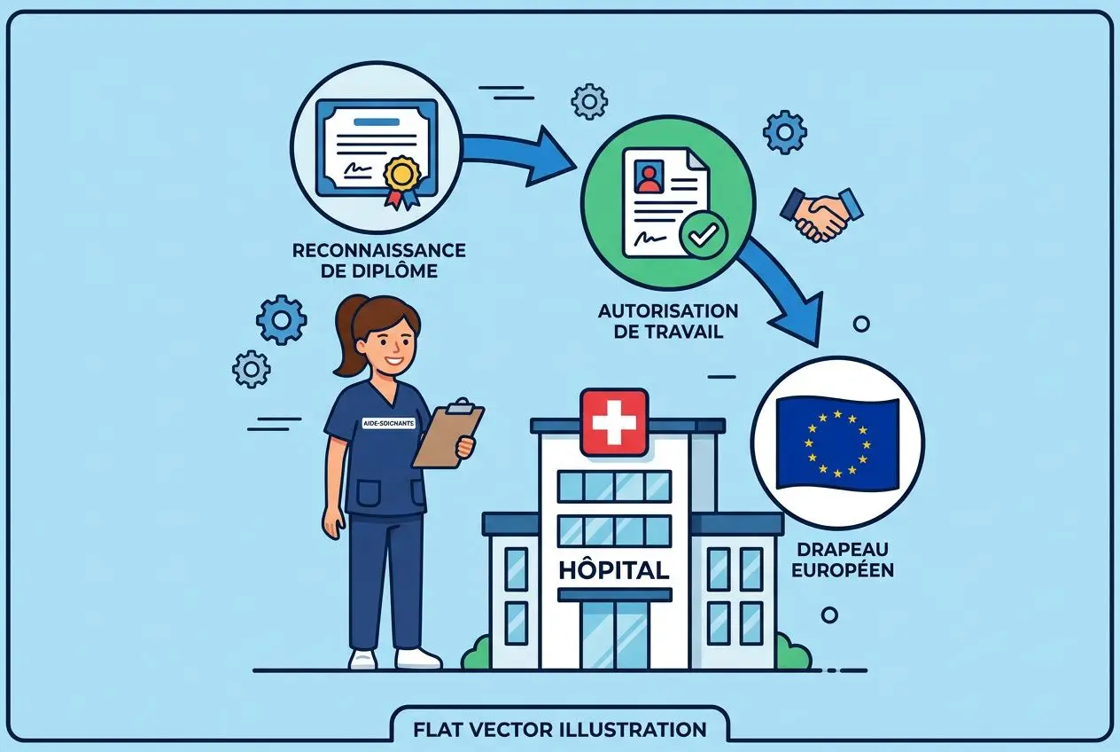 Illustration montrant les étapes du recrutement: reconnaissance de diplôme, autorisation de travail, drapeau européen et hôpital, avec une professionnelle en uniforme. liaison fluide avec le recrutement personnel etranger.