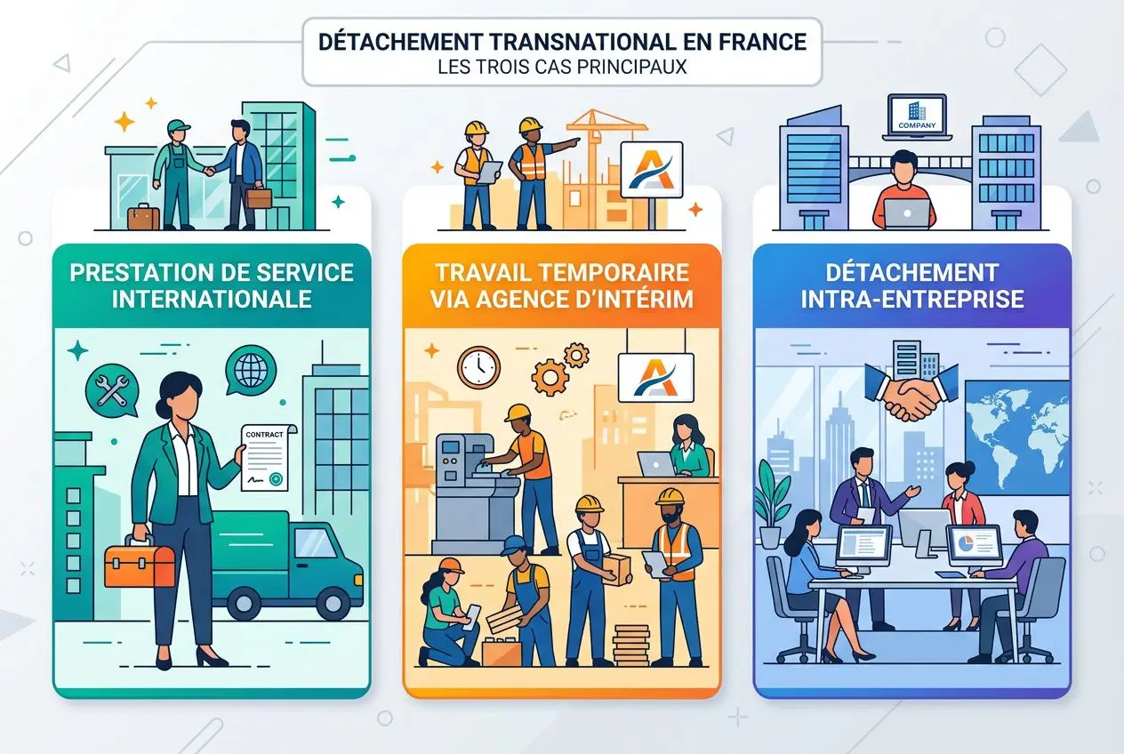 Illustration sur les trois principaux cas de détachement: travail temporaire via agence d’intérim, prestation de service internationale et détachement intra-entreprise.