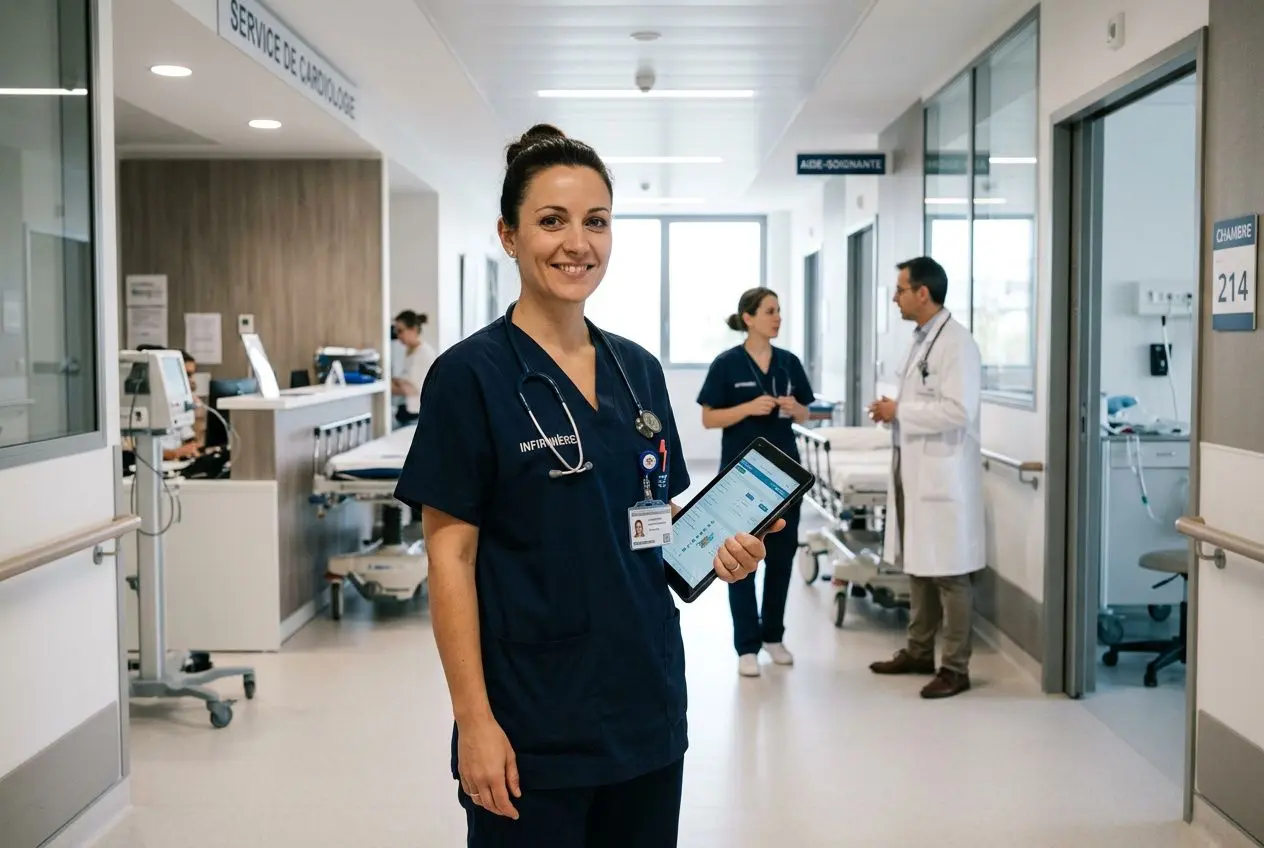 Infirmière en bloc-porte d’hôpital, badge et tablette, prête à accueillir dans le couloir du service santé, recrutement secteur santé infirmiers.