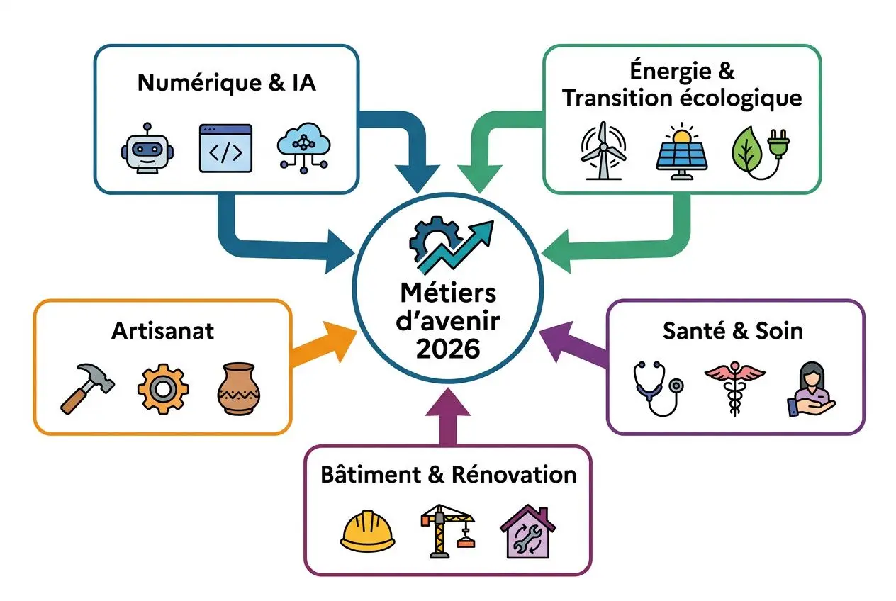 Infographie montrant les métiers d’avenir 2026: secteurs qui recrutent 2026 autour d’un cercle central « Métiers d’avenir 2026 » et cinq domaines illustrés (Numérique & IA, Énergie & Transition écologique, Santé & Soin, Bâtiment & Rénovation, Artisanat) avec leurs icônes associées.