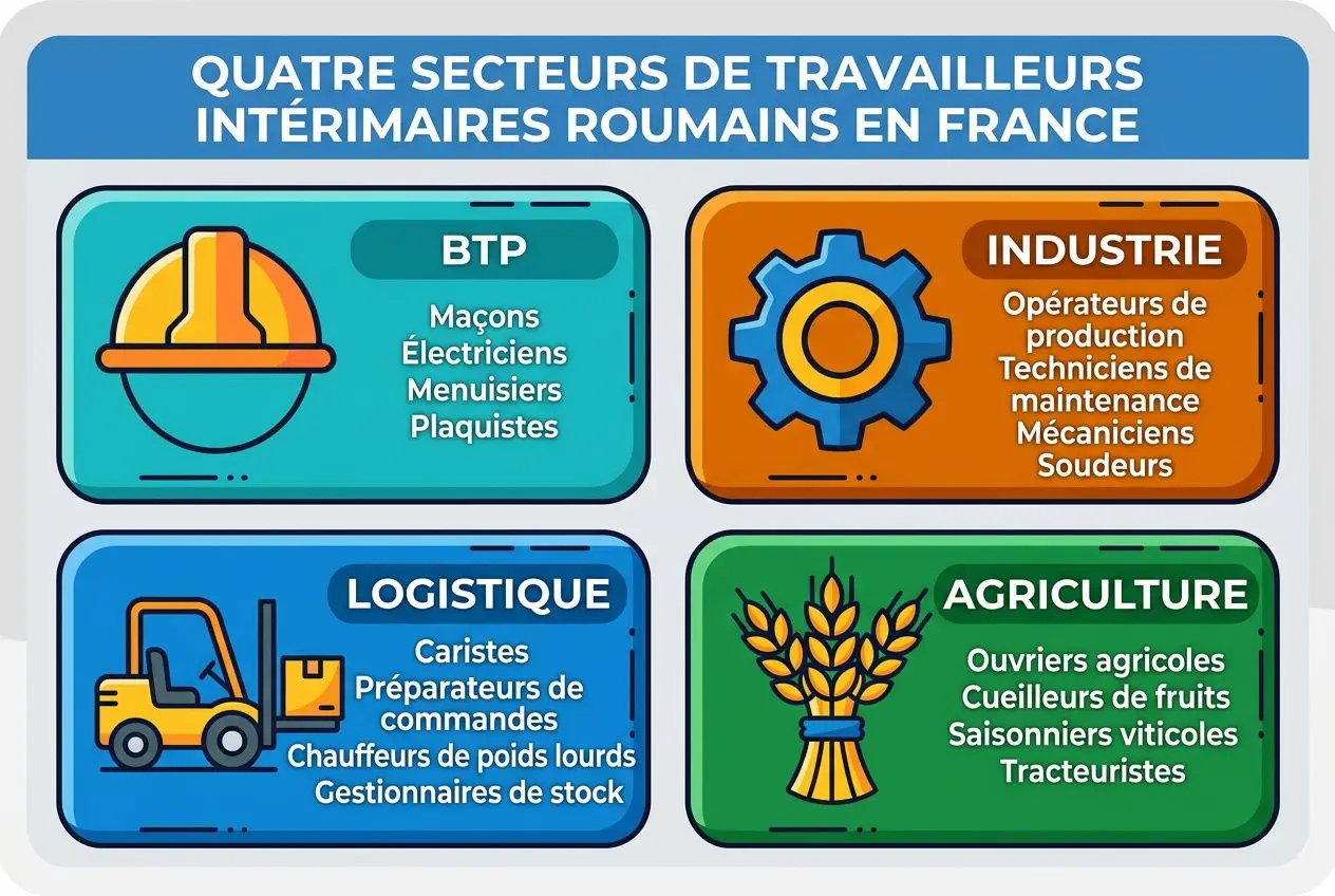 Pourquoi choisir pourquoi choisir interim roumain? Infographie montrant les quatre secteurs: BTP, industrie, logistique et agriculture avec métiers et métiers intérimaires roumains en France.