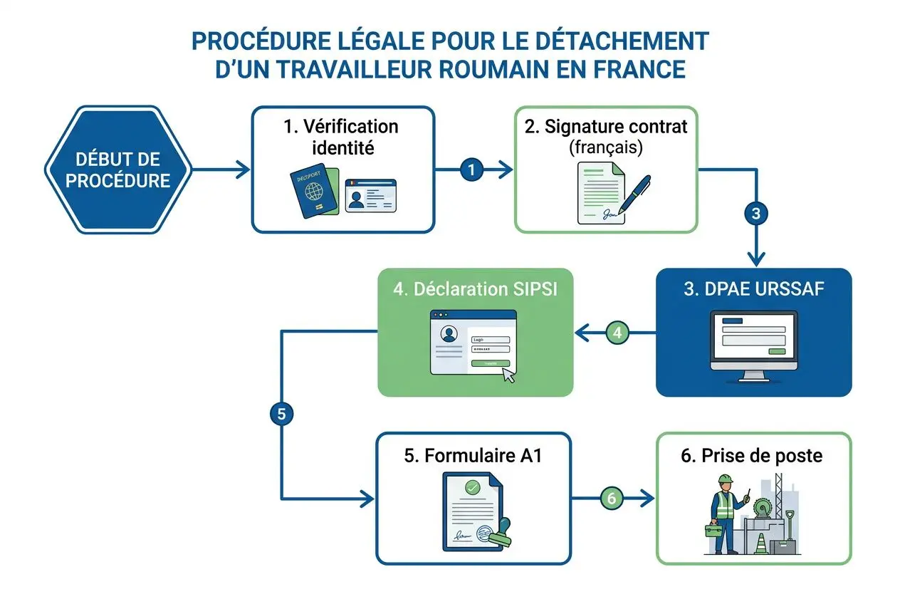 Procédure légale pour le détachement d’un travailleur roumain en France: vérification d’identité, signature du contrat, DPAE URSSAF, Déclaration SIPSI, formulaire A1 et prise de poste. (texte en lien avec recherche: interim agriculture roumains france belgique)