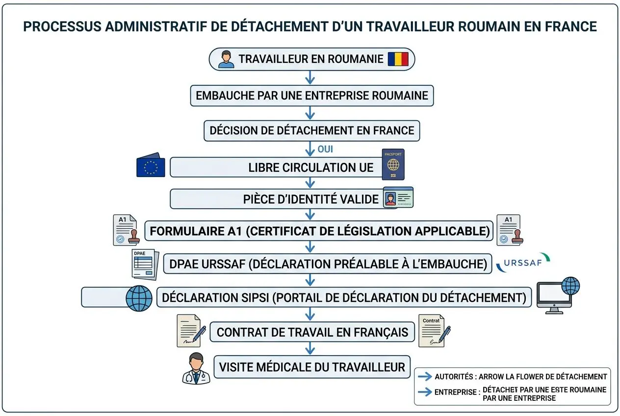 Processus administratif de détachement d’un travailleur roumain en France, étape par étape, avec identité et documents requis. pourquoi choisir interim roumain intégré naturellement.