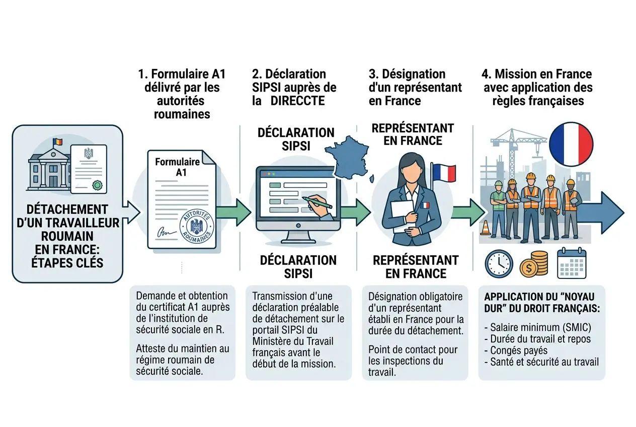 Processus pour embaucher un travailleur roumain en intérim: détachement, déclarations et représentation en France.