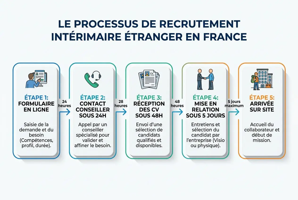 Le processus de recrutement intérimaire étranger en France: étapes en ligne, contact conseiller sous 24h, réception des CV sous 48h, mise en relation sous 5 jours, arrivée sur site.