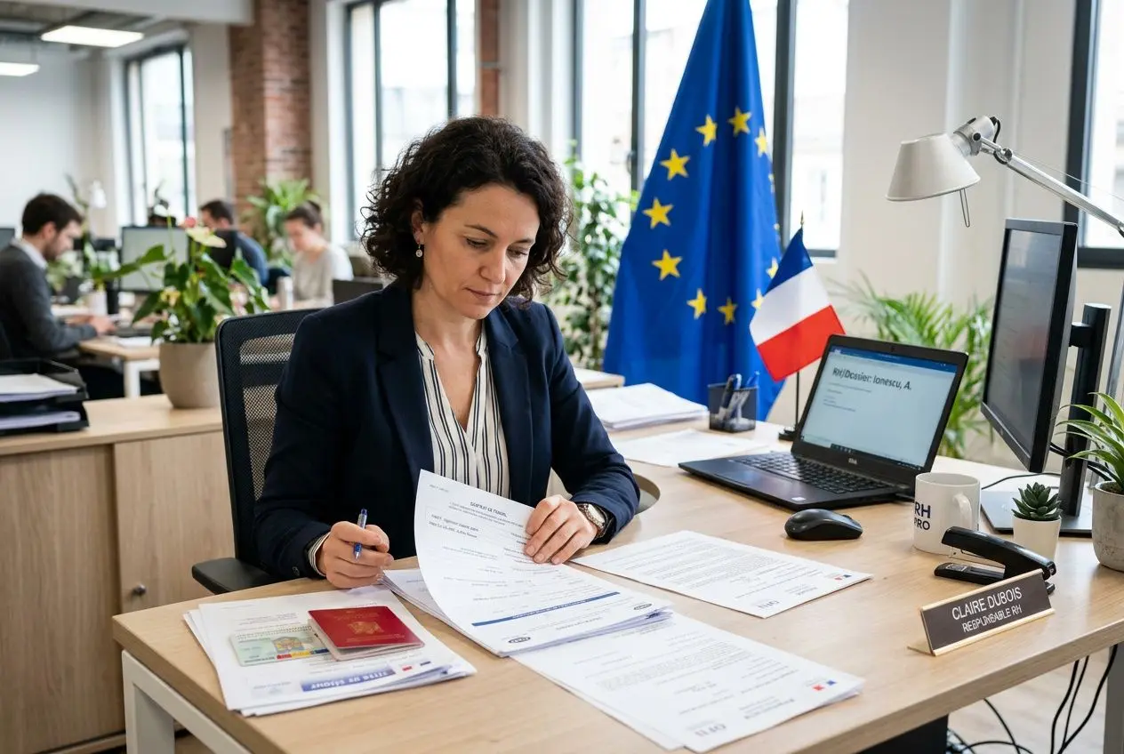 Une professionnelle en bureau, examinant des documents avec un drapeau UE et drapeau français en arrière-plan, travaillant sur ordinateur. Comment embaucher interim roumain intégré.