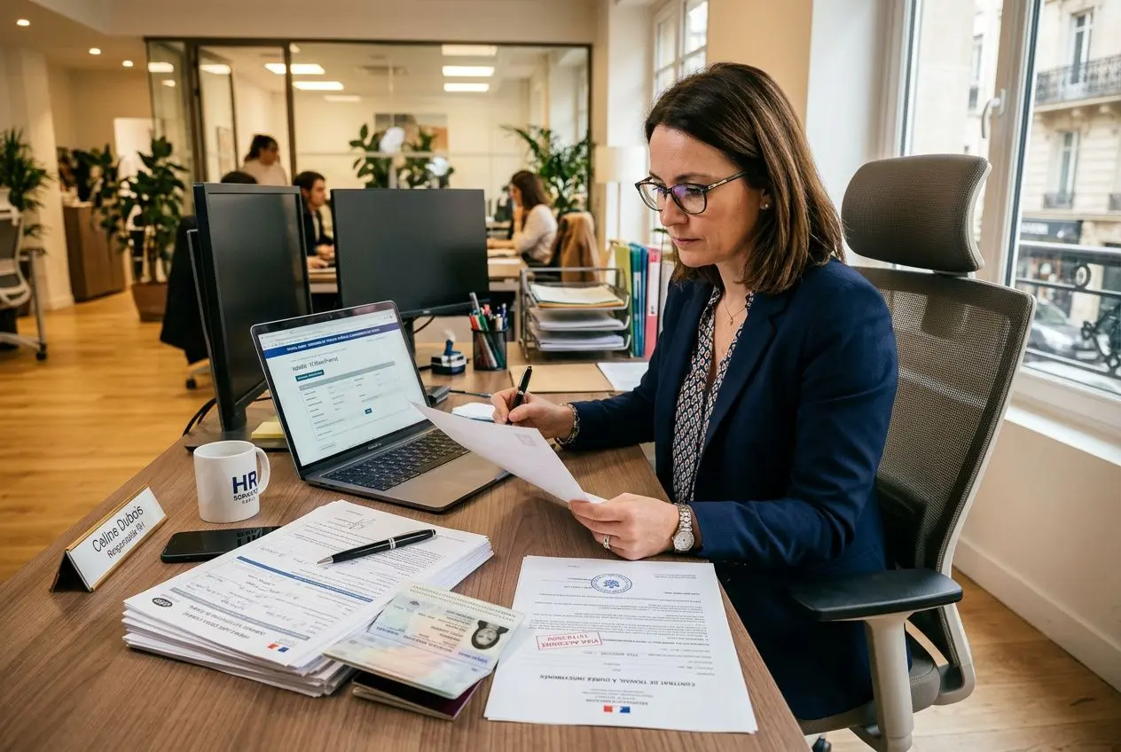 Professionnelle en entreprise examinant des documents administratifs liés au recrutement personnel étranger au bureau.