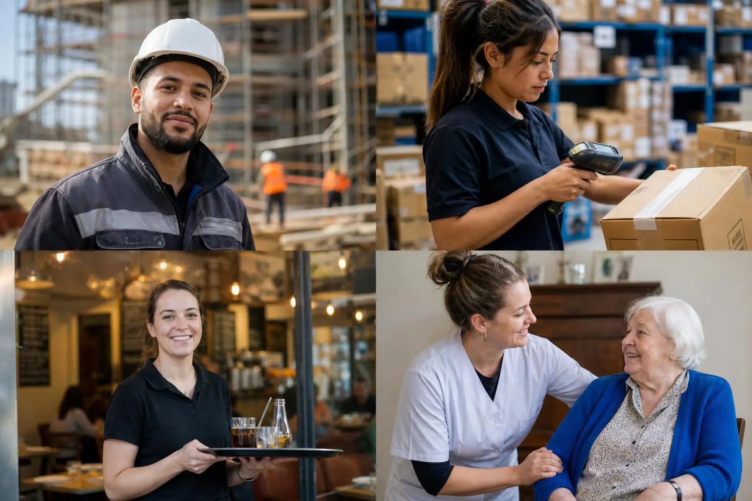 Quatre photos montrant des métiers sans diplôme: ouvriers dans un chantier, caissière dans un magasin, serveuse avec plateau et une aide soignante auprès d’une personne âgée. Métier qui recrute sans diplôme.
