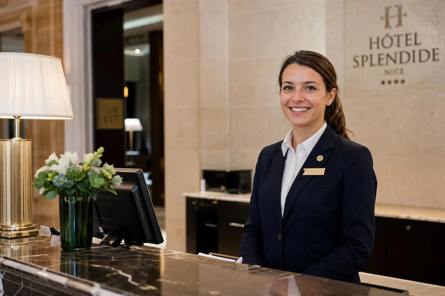 Réceptionniste souriante en uniforme dans le hall d’un hôtel, derrière un comptoir en marbre avec lampe et bouquet, logo Hôtel Splendide en arrière-plan. intérim hôtellerie france belgique