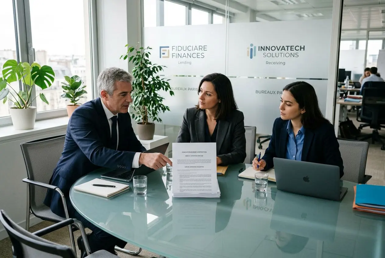 Réunion en entreprise sur la mise à disposition de personnel entre sociétés du même groupe, avec documents et échange entre professionnels.