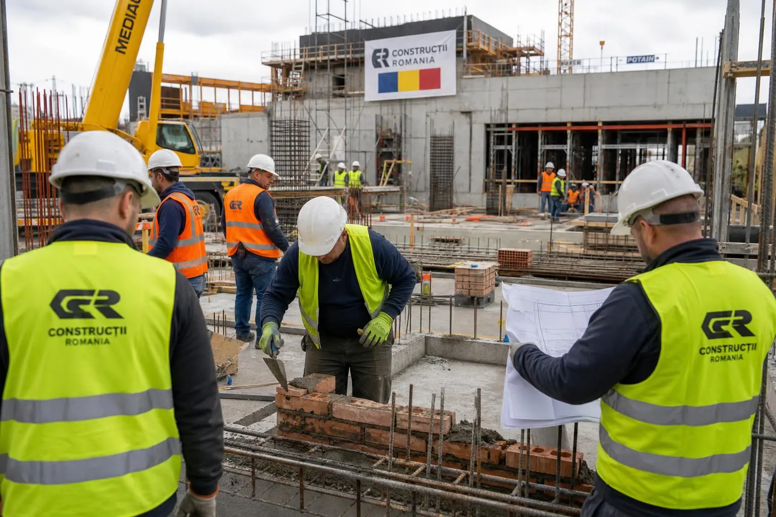 Travailleurs du secteur construction sur un chantier, vests jaunes et casques, planifiant et manipulant des briques et plans, logo "Constructii Romania" en arrière-plan. interim construction roumanie france.