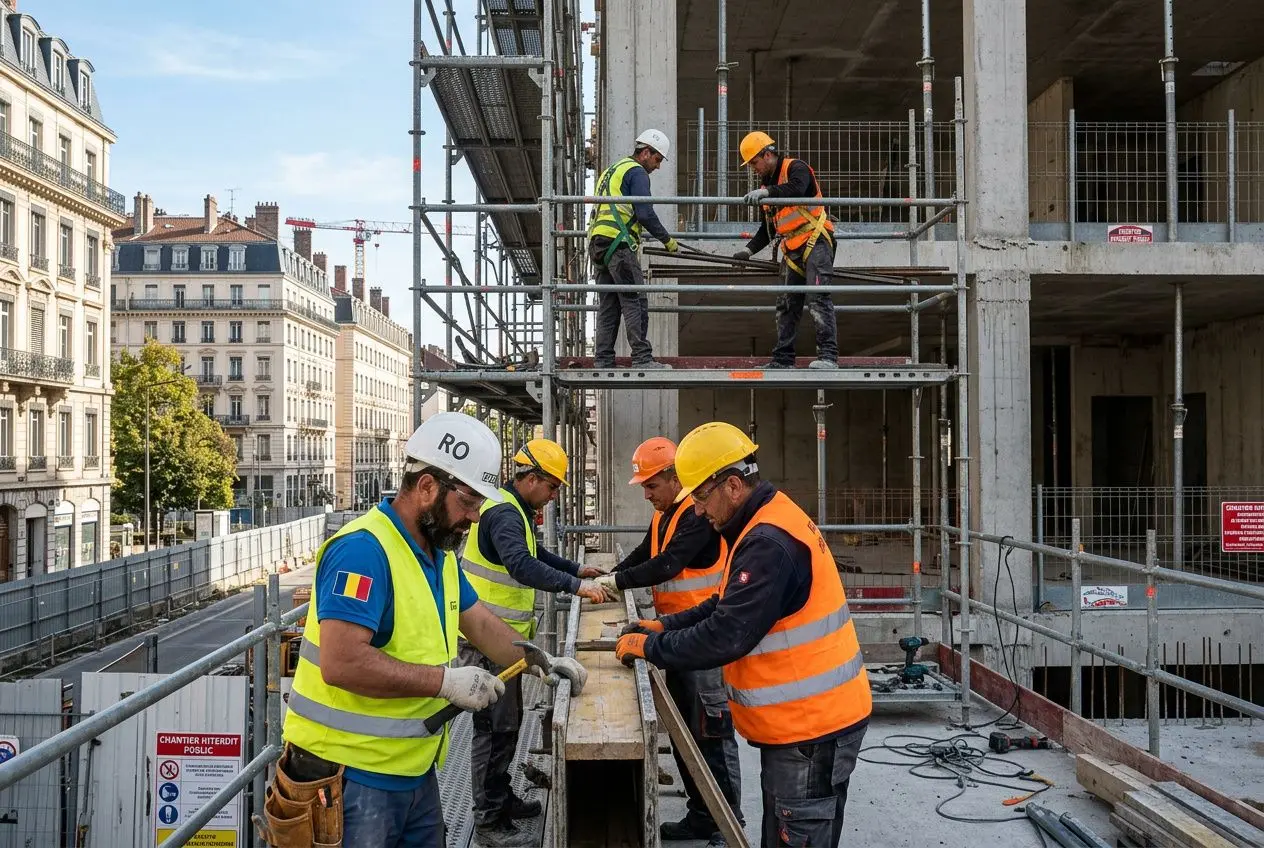 Travailleurs temporaires roumains france sur un chantier, équipés de casques et gilets de sécurité, échangeant près de structures en métal.