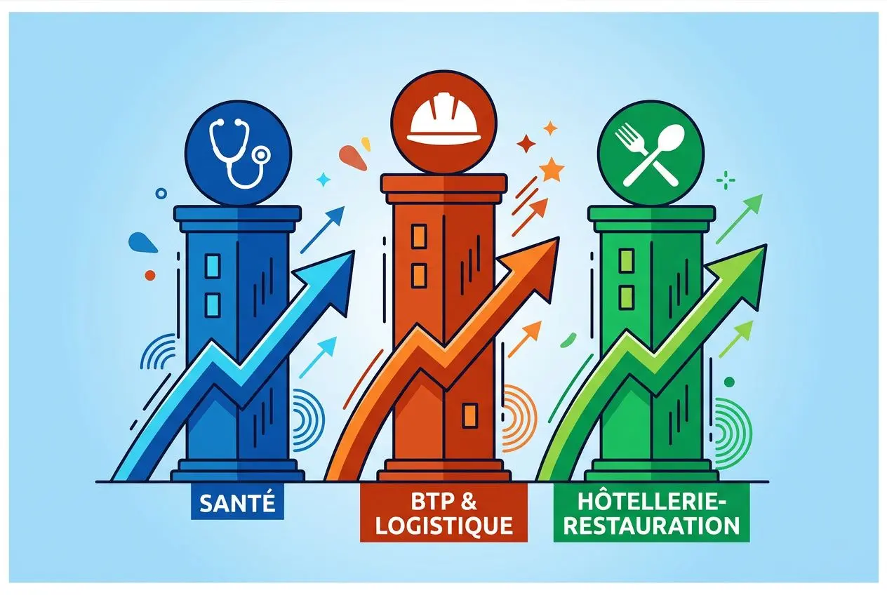 Trois colonnes représentant les secteurs qui recrutent 2026: Santé (crosse médico), BTP & Logistique (casque et flèche ascendante), Hôtellerie-Restauration (fourchette et cuillère) avec flèches de croissance.