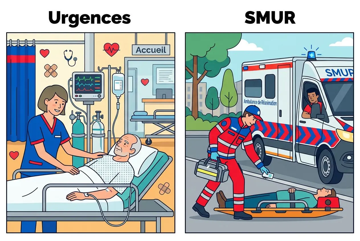 Urgences et SMUR illustrés : infirmier souriant veillant sur un patient en soins intensifs et aide du médecin; près, un intervenant SMUR transporte un blessé dans une ambulance. Recrutement secteur santé infirmiers.