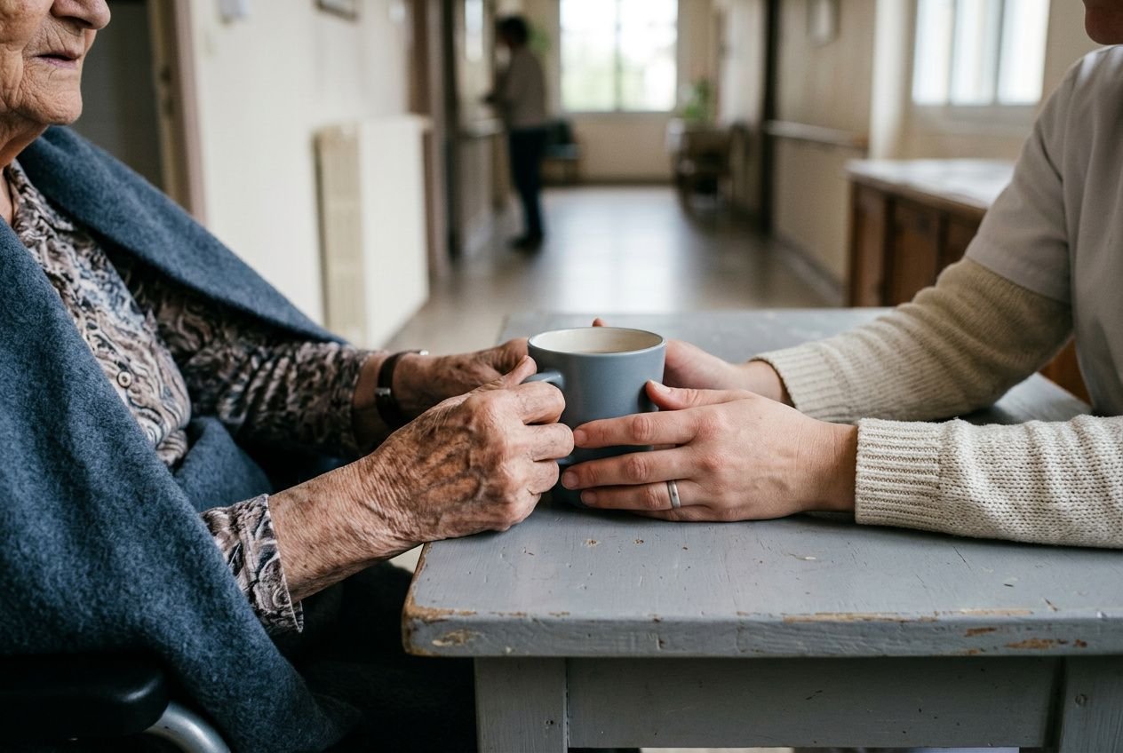 Aide-soignante tenant une tasse près d’une personne âgée assise, échange chaleureux dans un cadre de maison de retraite. pénurie d'aide-soignants en france implied.