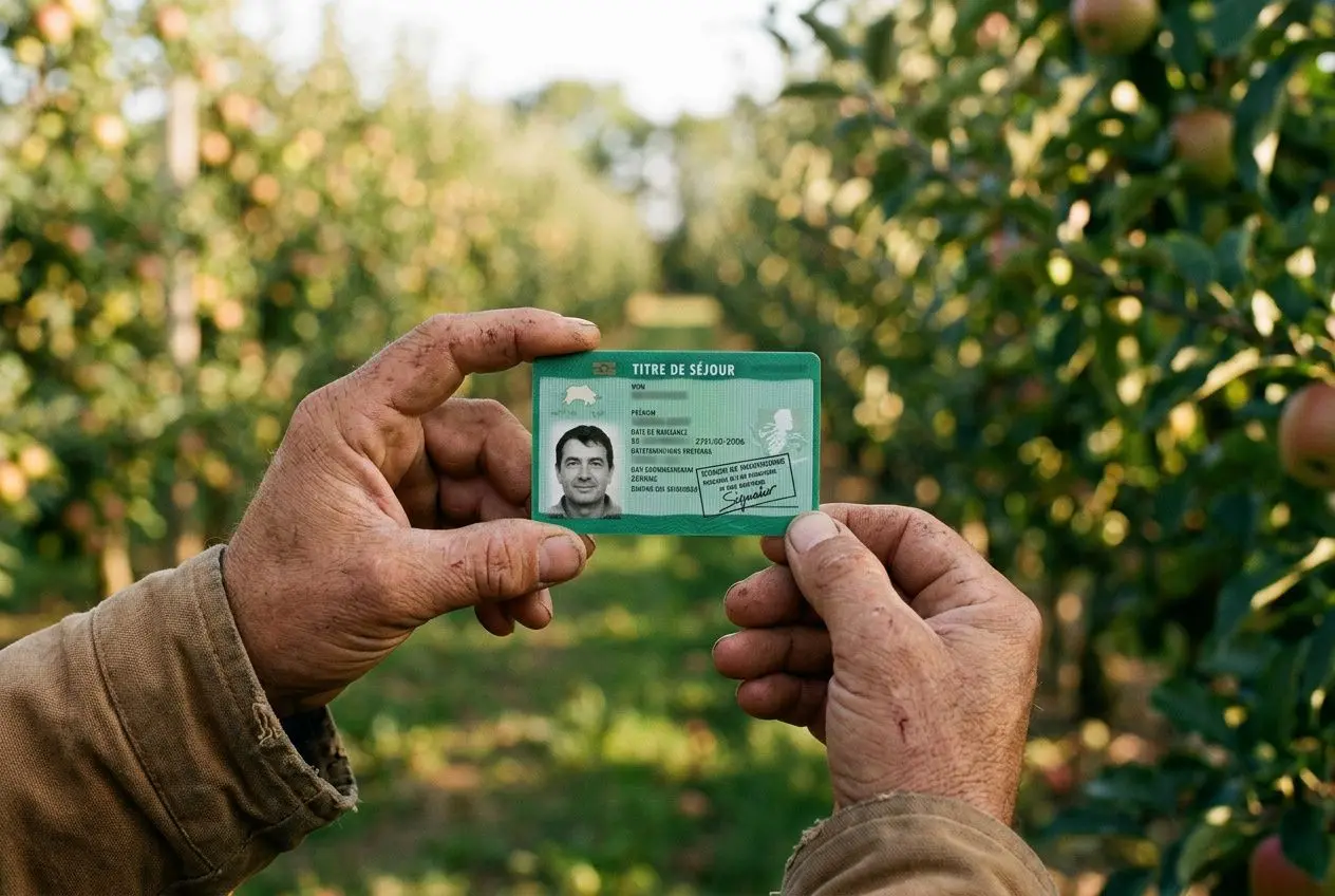 Carte de séjour pluriannuelle saisonnier en main, montre le document de séjour avec photo au milieu d’un verger, alvéole verte sur fond nature.