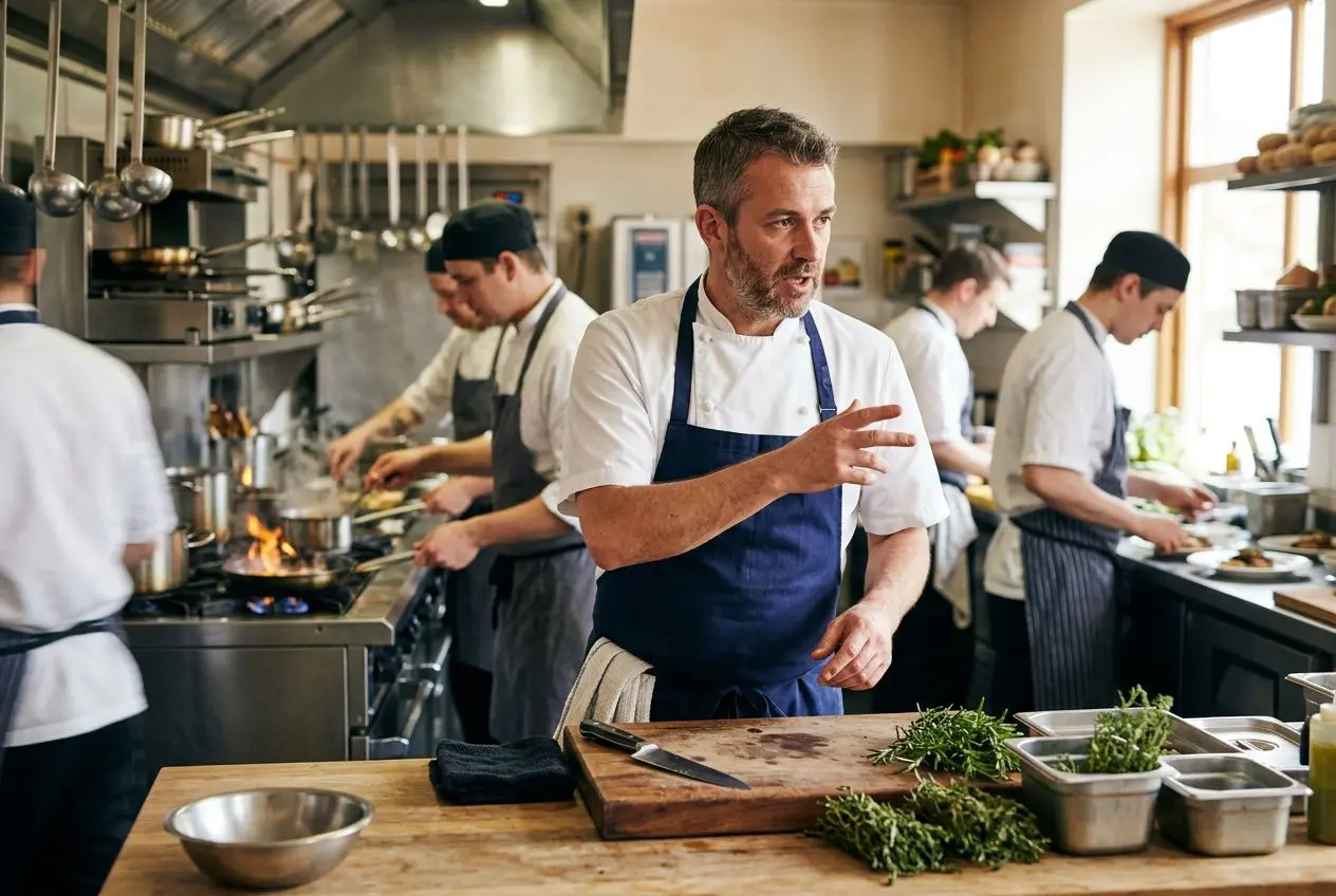 Chef cuisinier en action dans une cuisine professionnelle, chef avec tablier bleu à la planche, en train de couper des herbes et diriger l’équipe.