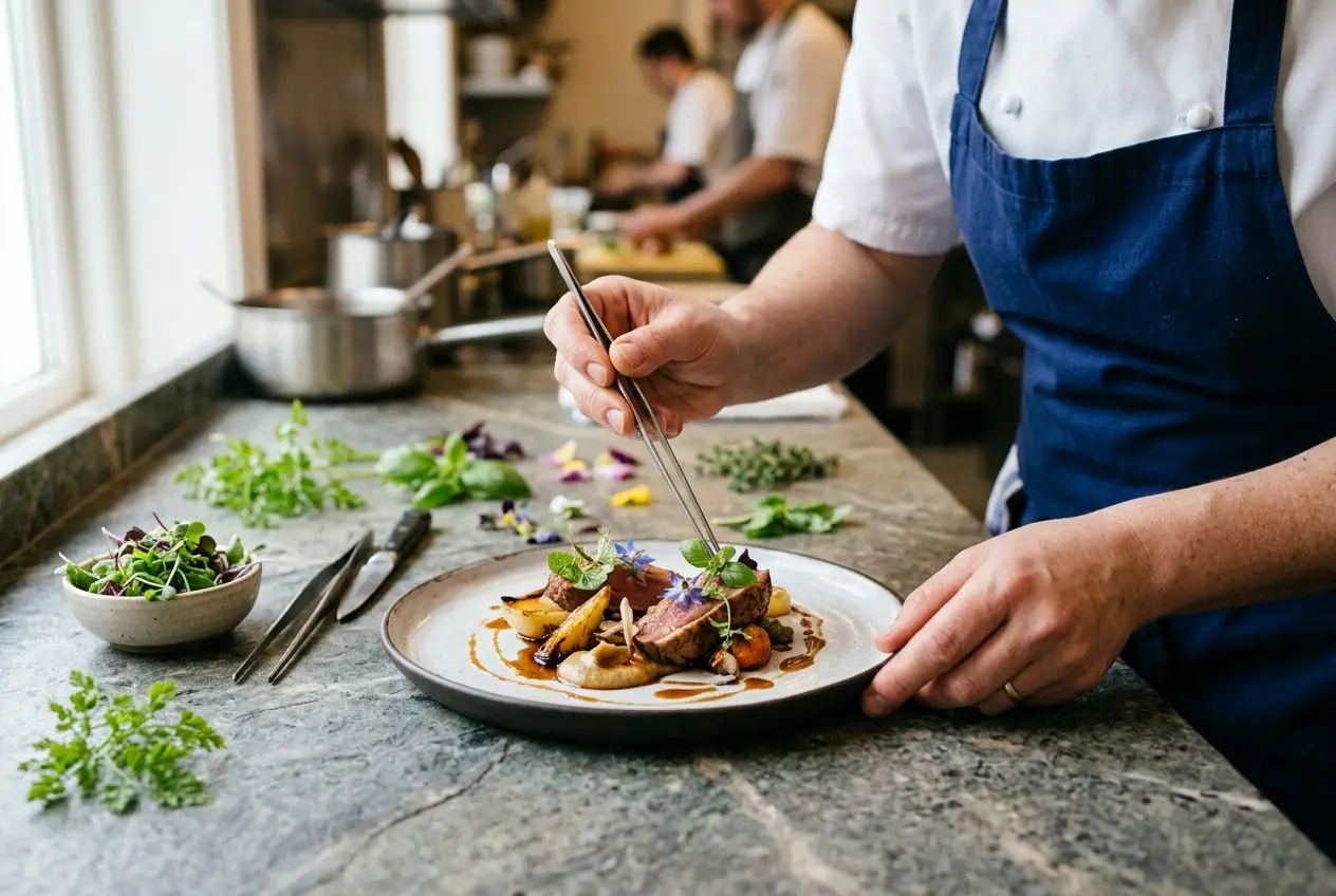 Chef cuisinier en action: un travailleur en toque et tablier bleu dresse un plat soigneusement, garnissant la viande avec des herbes. Comment devenir chef cuisinier en france.